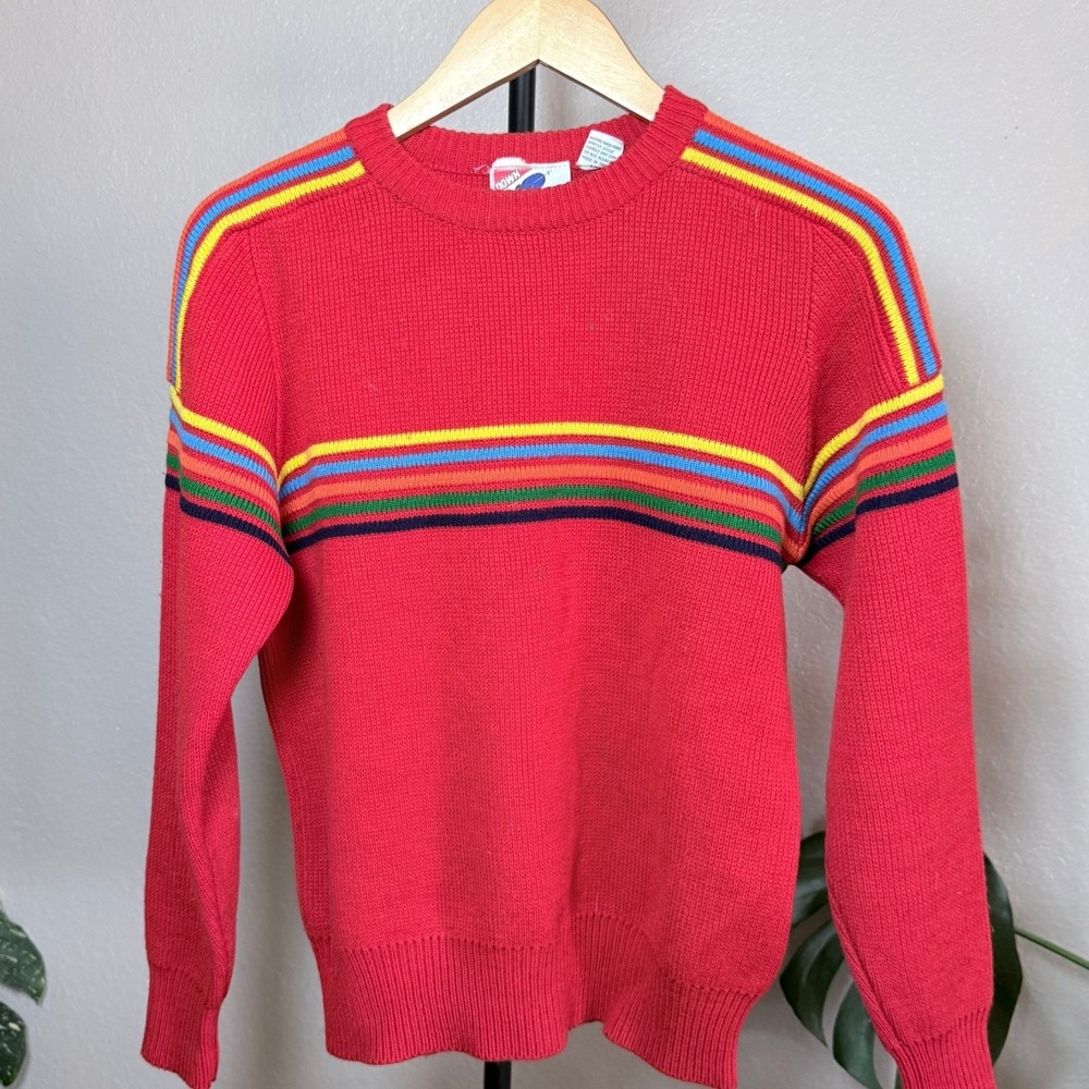 Down Hill Vintage Red Rainbow Striped Crew Neck Acrylic Sweater Mens M Retro 80s